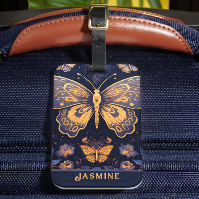 Étiquette À Bagage Papillon d'or bleu violet Art déco moderne (Insitu Rectoal 2)