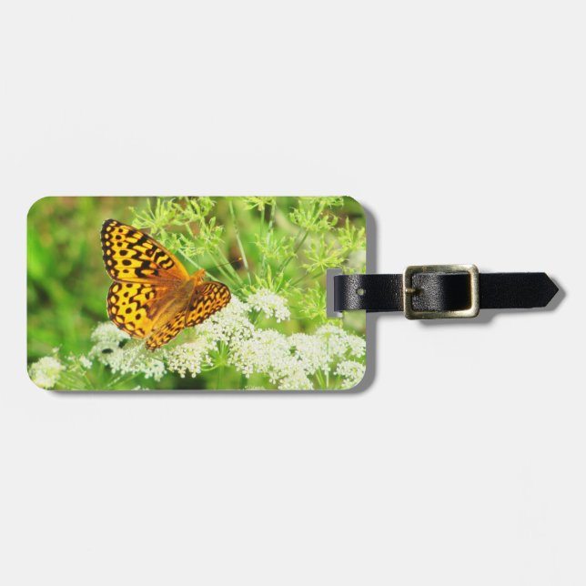 Étiquette À Bagage Papillon orange et noir avec les fleurs blanches (Devant horizontal)