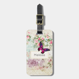 Étiquette À Bagage Papillon rose et roses vintage défraîchies