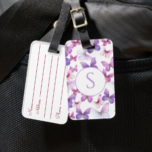 Étiquette À Bagage Papillons rose et violet Monogramme personnalisé
