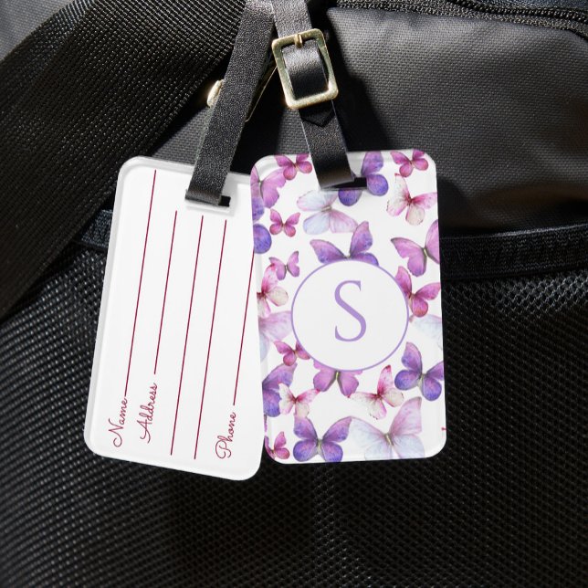 Étiquette À Bagage Papillons rose et violet Monogramme personnalisé (Créateur téléchargé)