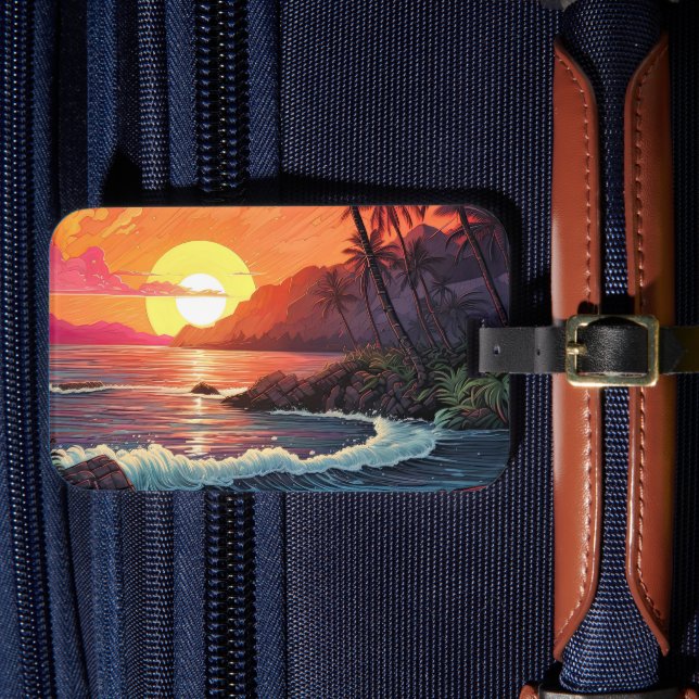 Étiquette À Bagage Paradis Île de Plage Tropicale Coucher de Soleil  (Insitu Rectoal 4)