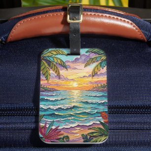 Étiquette À Bagage Paradis tropical   Scène de plage côtière Impasto