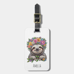 Étiquette À Bagage Paresseux Floral Mignon Personnalisé avec Couronne