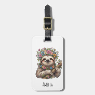 Étiquette À Bagage Paresseux Floral Mignon Personnalisé avec Couronne