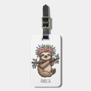 Étiquette À Bagage Paresseux Floral Mignon Personnalisé avec Couronne