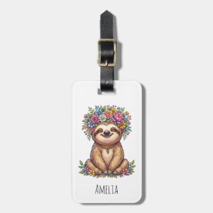 Étiquette À Bagage Paresseux Floral Mignon Personnalisé avec Couronne