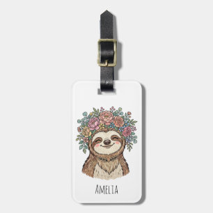 Étiquette À Bagage Paresseux Floral Mignon Personnalisé avec Couronne