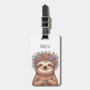 Étiquette À Bagage Paresseux Floral Mignon Personnalisé avec Couronne