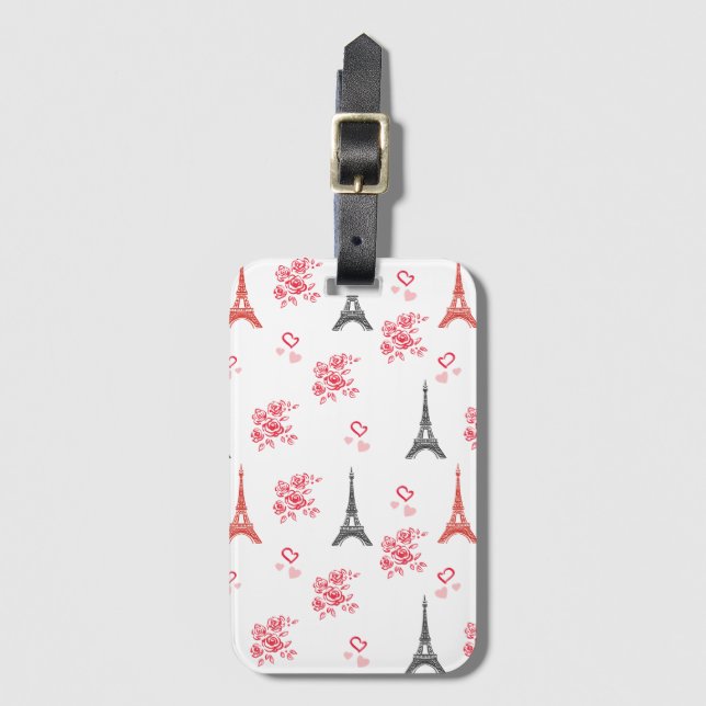 Étiquette À Bagage Paris Love Pattern – Eiffel Tower & Roses Seamless (Devant Vertical)