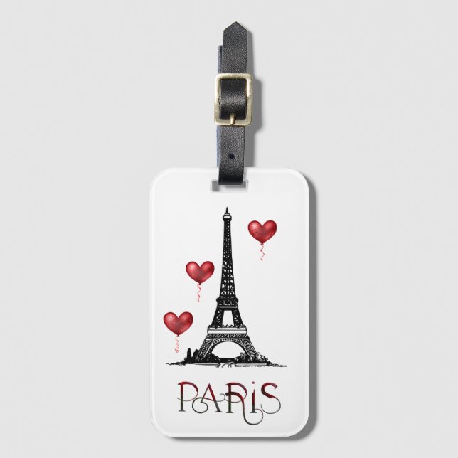 Étiquette À Bagage Paris, Tour Eiffel et Ballons du Coeur Rouge (Devant Vertical)