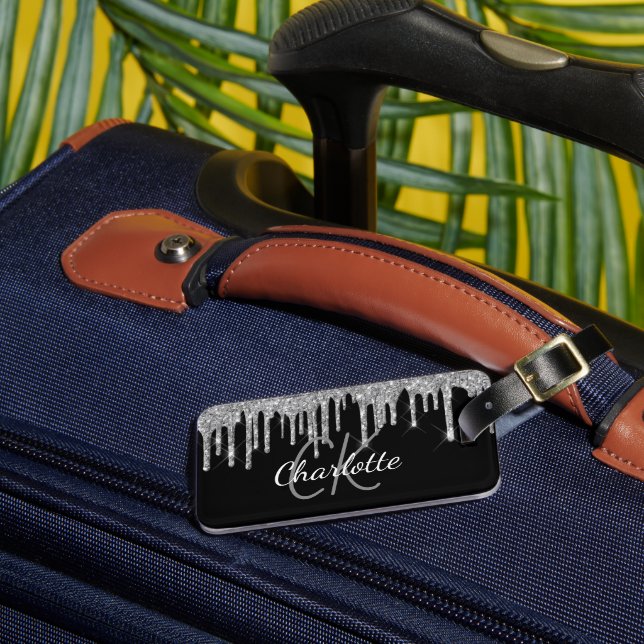 Étiquette À Bagage Parties scintillant argent noir goutte nom monogra (Insitu Rectoal 3)