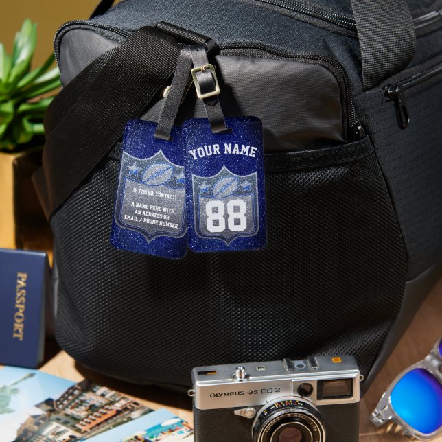 Étiquette À Bagage Parties scintillant bleue et argent Football Playe (Recto & Verso)