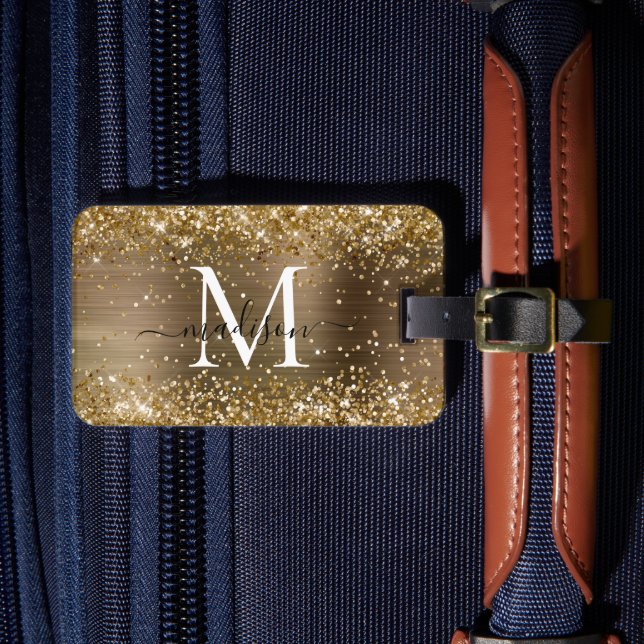 Étiquette À Bagage Parties scintillant d'or jaune brossé Monogramme m (Insitu Rectoal 4)