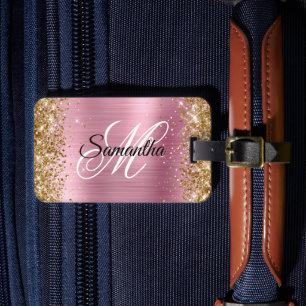 Étiquette À Bagage Parties scintillant d'or Pink Foil Fancy Monogramm