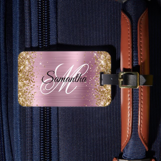 Étiquette À Bagage Parties scintillant d'or Pink Foil Fancy Monogramm (Insitu Rectoal 4)