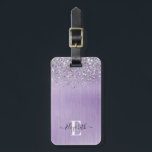 Étiquette À Bagage Parties scintillant en métal brossé violet Script<br><div class="desc">Personnalisez cette étiquette de bagage avec votre nom monogramme. Arrière - plan est un métal violet brossé avec parties scintillant léopard argenté. Nom du monogramme à l'avant dans la police de script et l'adresse et le numéro de téléphone à l'arrière. Conçu pour vous par Blackberry Boulevard.</div>