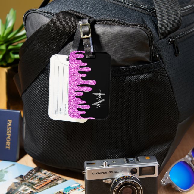 Étiquette À Bagage Parties scintillant étincelante rose noir Monogram (Recto & Verso)