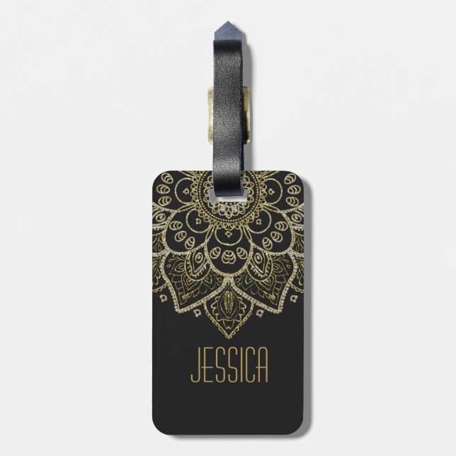 Étiquette À Bagage Parties scintillant Faux Noir Et Mandala Floral Or (Dos Vertical)