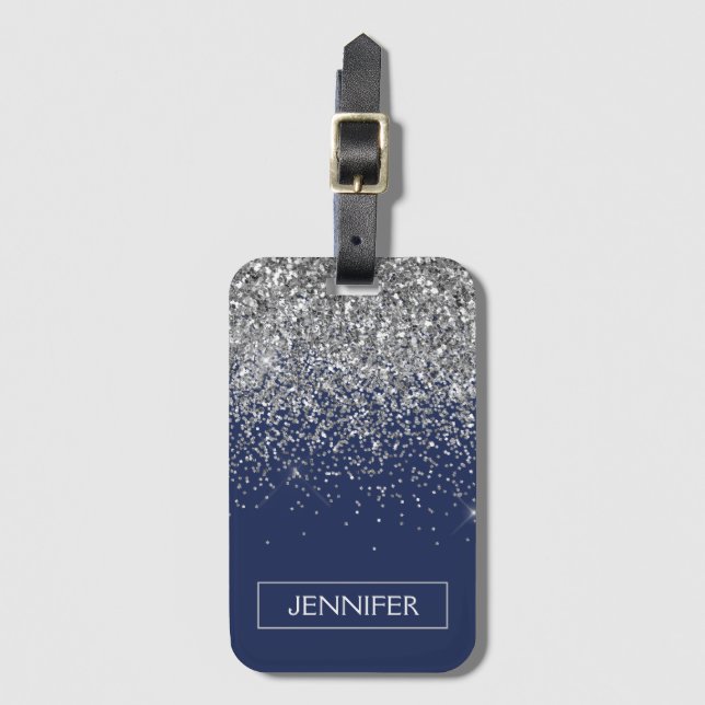 Étiquette À Bagage Parties scintillant Monogram Navy Blue Silver Glam (Devant Vertical)