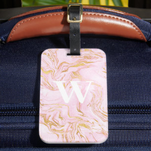 Étiquette À Bagage Parties scintillant or en marbre rose Monogramme
