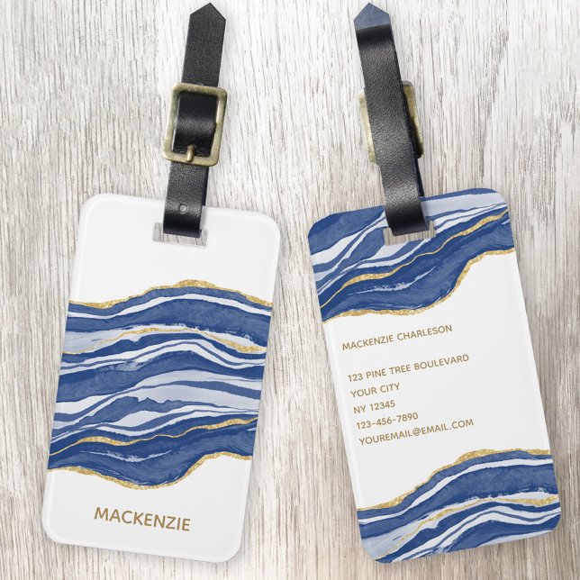 Étiquette À Bagage Parties scintillant or marbre Agate (Agate marble blue and white watercolor with gold glitter effect personalized luggage tag)