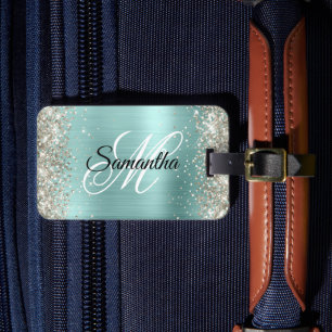 Étiquette À Bagage Parties scintillant Platine Pale Turquoise Fancy M