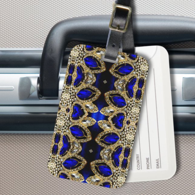 Étiquette À Bagage parties scintillant Rhinocéros bleu et or (fashion stylish girly turquoise navy Blue gold Luggage Tag)