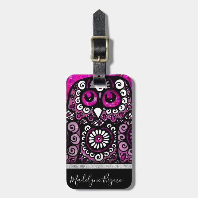 Étiquette À Bagage Parties scintillant rose Elégante Black Girly Voya (Devant Vertical)