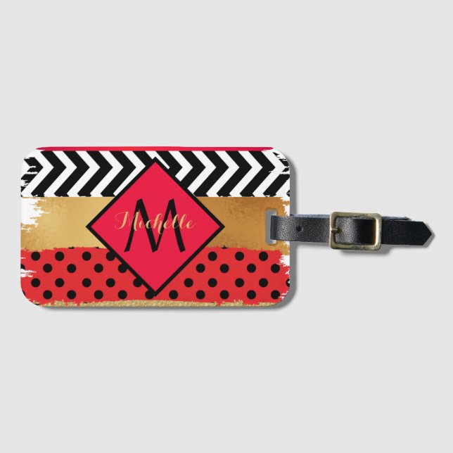 Étiquette À Bagage Parties scintillant rouge Noir Brush Stroke Monogr (Devant Horizontal)