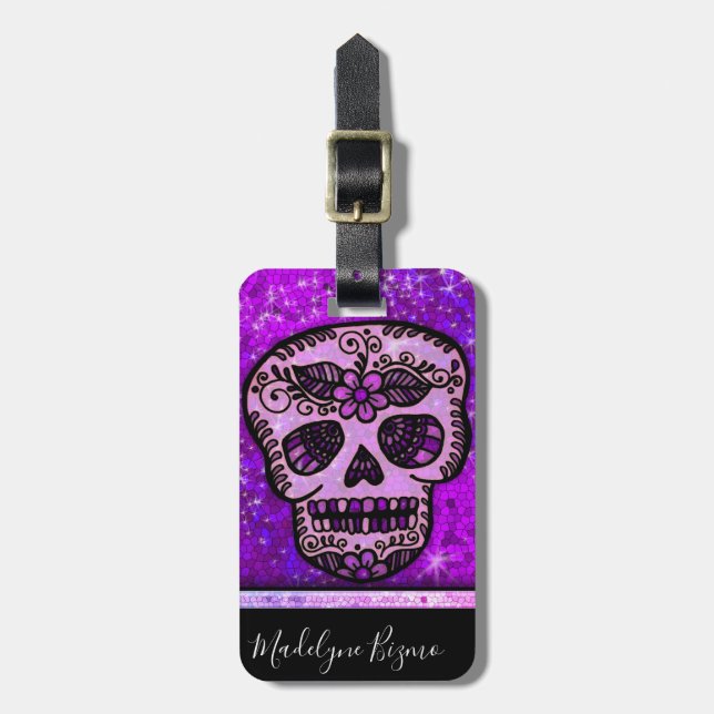 Étiquette À Bagage Parties scintillant violette Élégant crâne noir Mo (Devant Vertical)