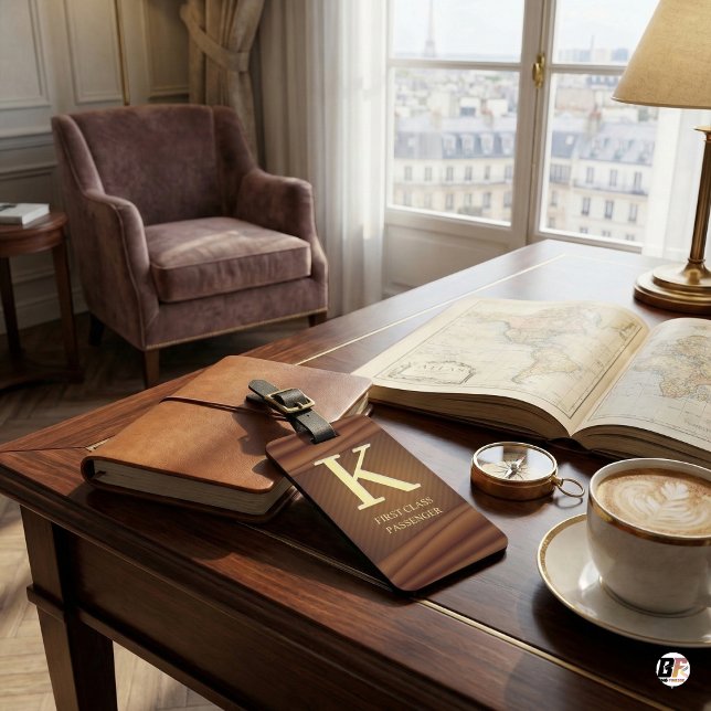 Étiquette À Bagage Passager de première classe monogramme K cuir marr (Créateur téléchargé)