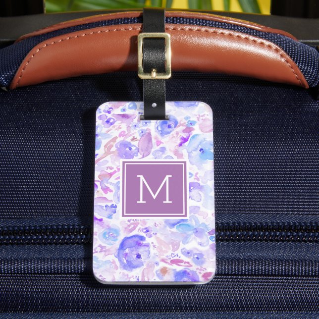 Étiquette À Bagage Pastel Blue et violet Floral sur mesure Monogramme (Insitu Rectoal 2)