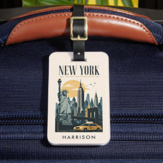 Étiquette À Bagage Pastel Personnalisé Beige Jaune Rose New York City