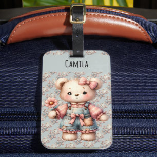 Étiquette À Bagage Pastel Teddy Bear Holding Flower Wear Overalls
