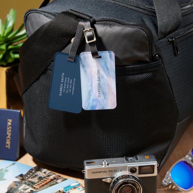 Étiquette À Bagage Pastel Turquoise bleu pourpre Aquarelle marbre Mot (Recto & Verso)