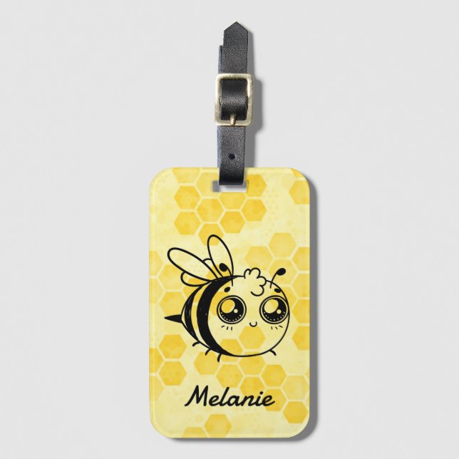 Étiquette À Bagage Pastel Yellow Honeycomb Cute Bee Personalised (Devant Vertical)