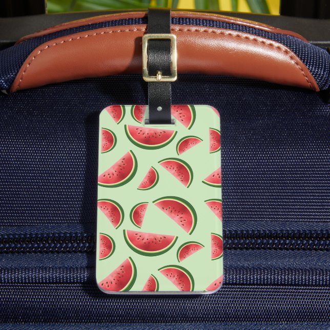 Étiquette À Bagage Pastèque Motif De Fruit D'été Sur Fond Vert  (Insitu Rectoal 2)