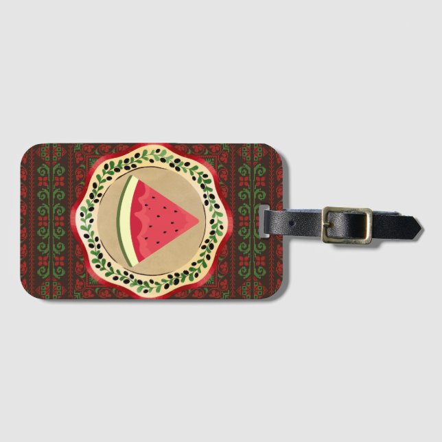 Étiquette À Bagage pastèque sur plaque d'olive avec tatreez palestini (Devant Horizontal)