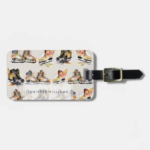 Étiquette À Bagage Patins à glace aquarelle avec motif de feuilles d'