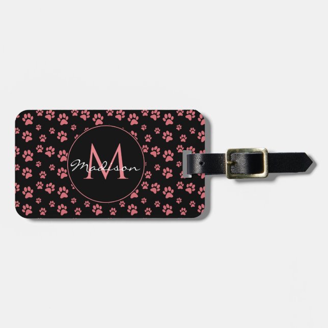 Étiquette À Bagage Patte de Chat Rose Motif Mignon Monogramme (Devant horizontal)