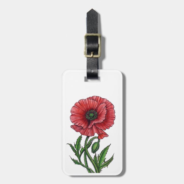 Étiquette À Bagage Pavot rouge, aquarelle et encre (Devant Vertical)