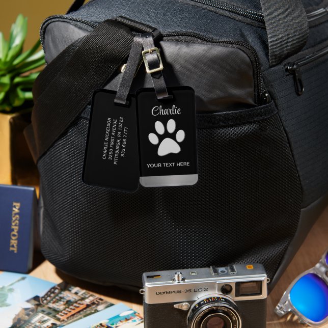 Étiquette À Bagage Paw Chien Argent sur arrière - plan noir (Recto & Verso)