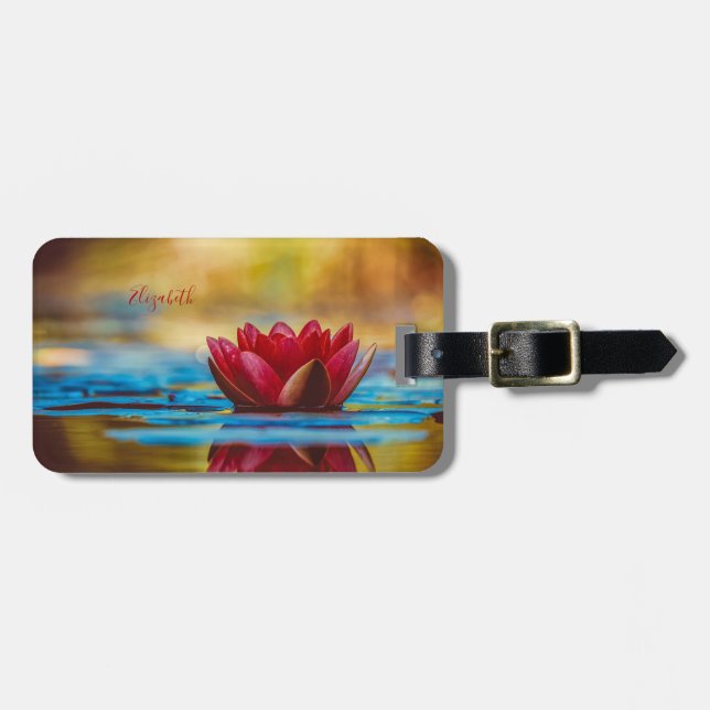 Étiquette À Bagage Paysage à la Fleur de Lotus Rouge, Zen (Devant horizontal)