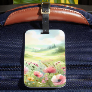 Étiquette À Bagage Paysage de prairie fleurie pastel