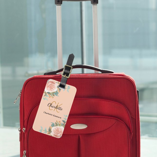 Étiquette À Bagage Peach rose or floraux monogramme élégant (Créateur téléchargé)