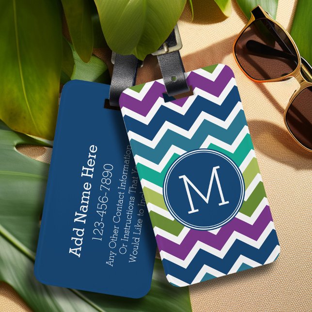 Étiquette À Bagage Peacock Colors Chevron Motif Monogrammes personnal (Personalized luggage tag - Add Your contact information and monogram)