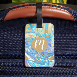 Étiquette À Bagage Pearlescent Aqua & Gold en marbre liquide