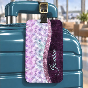 Étiquette À Bagage Peau de sirène rose argent faux strass monogramme