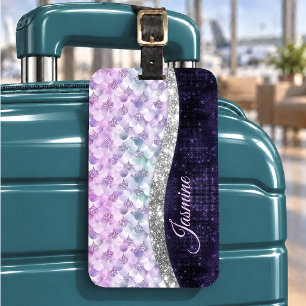 Étiquette À Bagage Peau de sirène violet argent faux strass monogramm